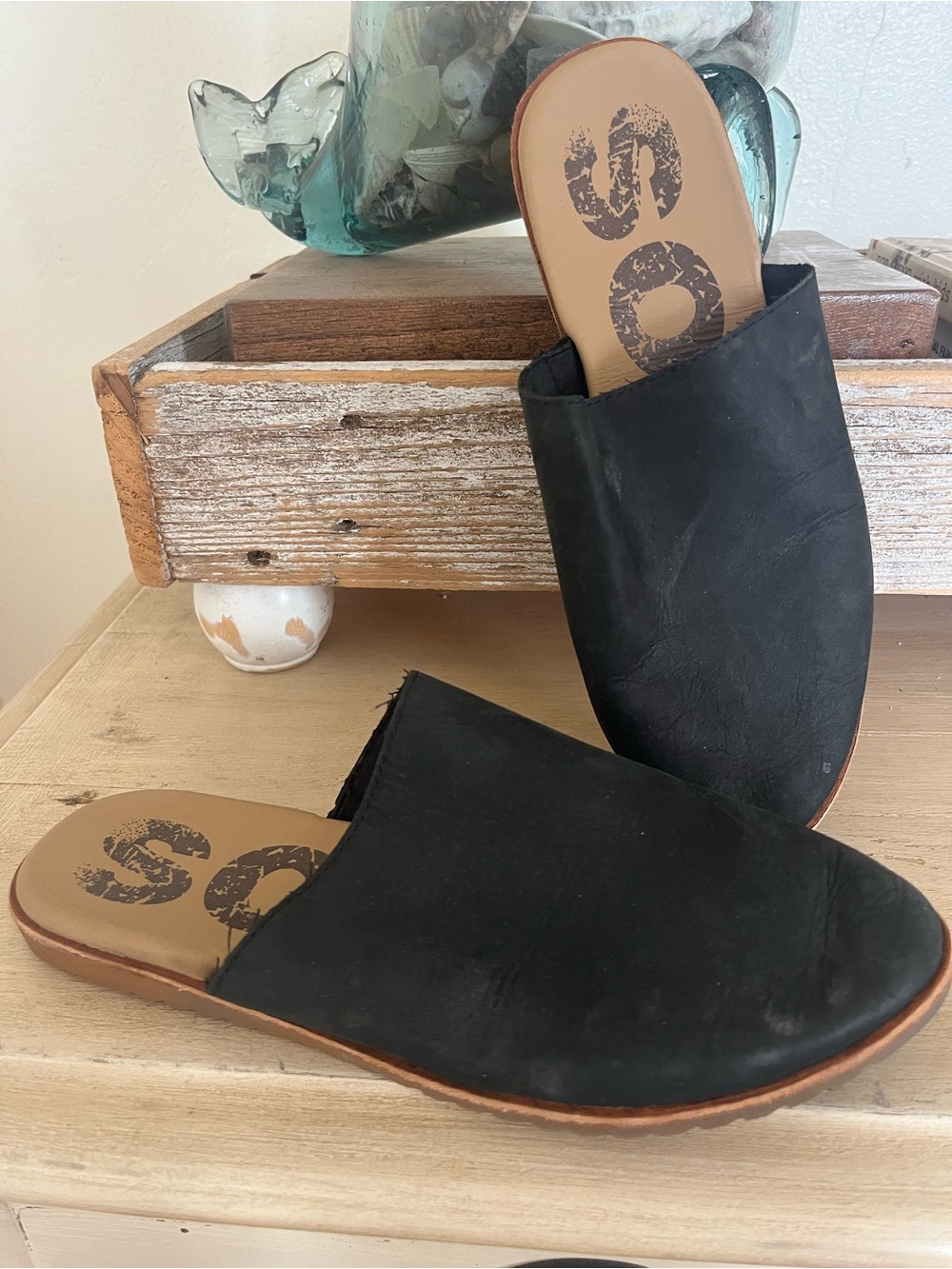 Sorel Black Leather Slide Mules for Women